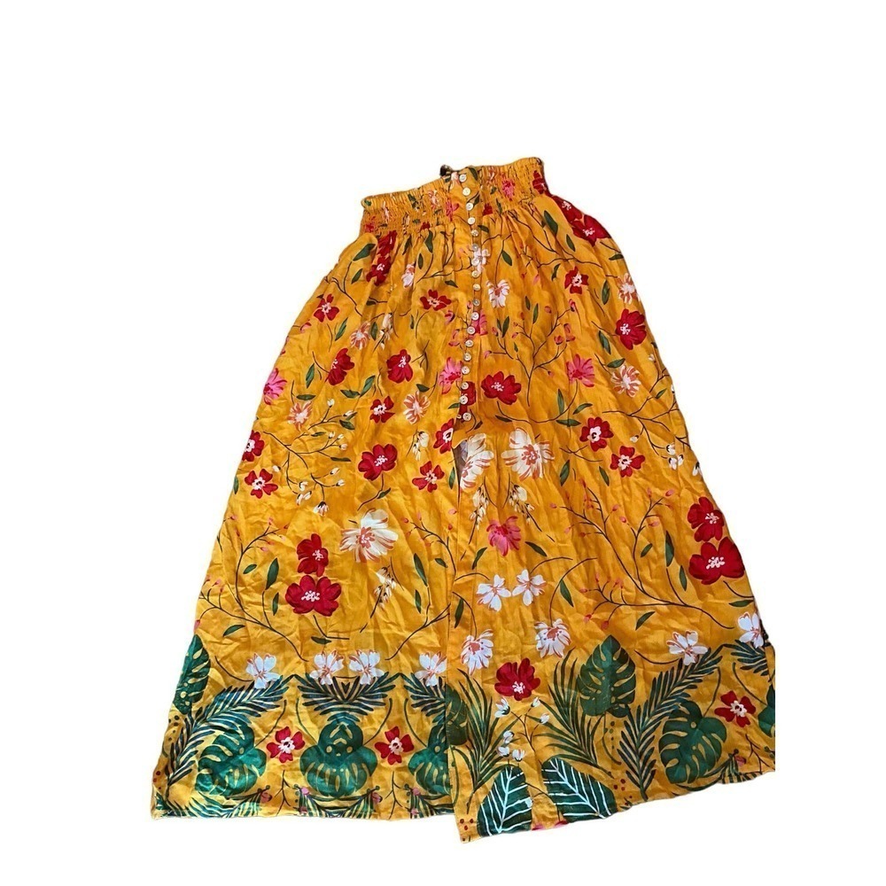 Rachel Roy Maxi Skirt Womens Size M Yellow Floral Pleated High Rise 100% Viscose